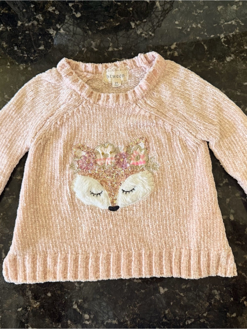 btween Pink Girls' Fox Applique Chenille Sweater Size 2T